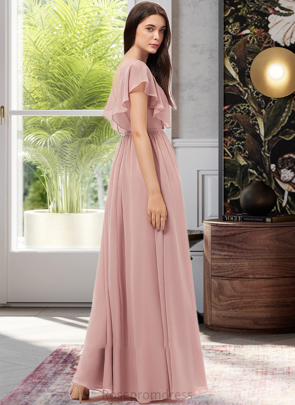 EmeryPiper A-Line V-neck Floor-Length Chiffon Bridesmaid Dress With Split Front SRSP0012903