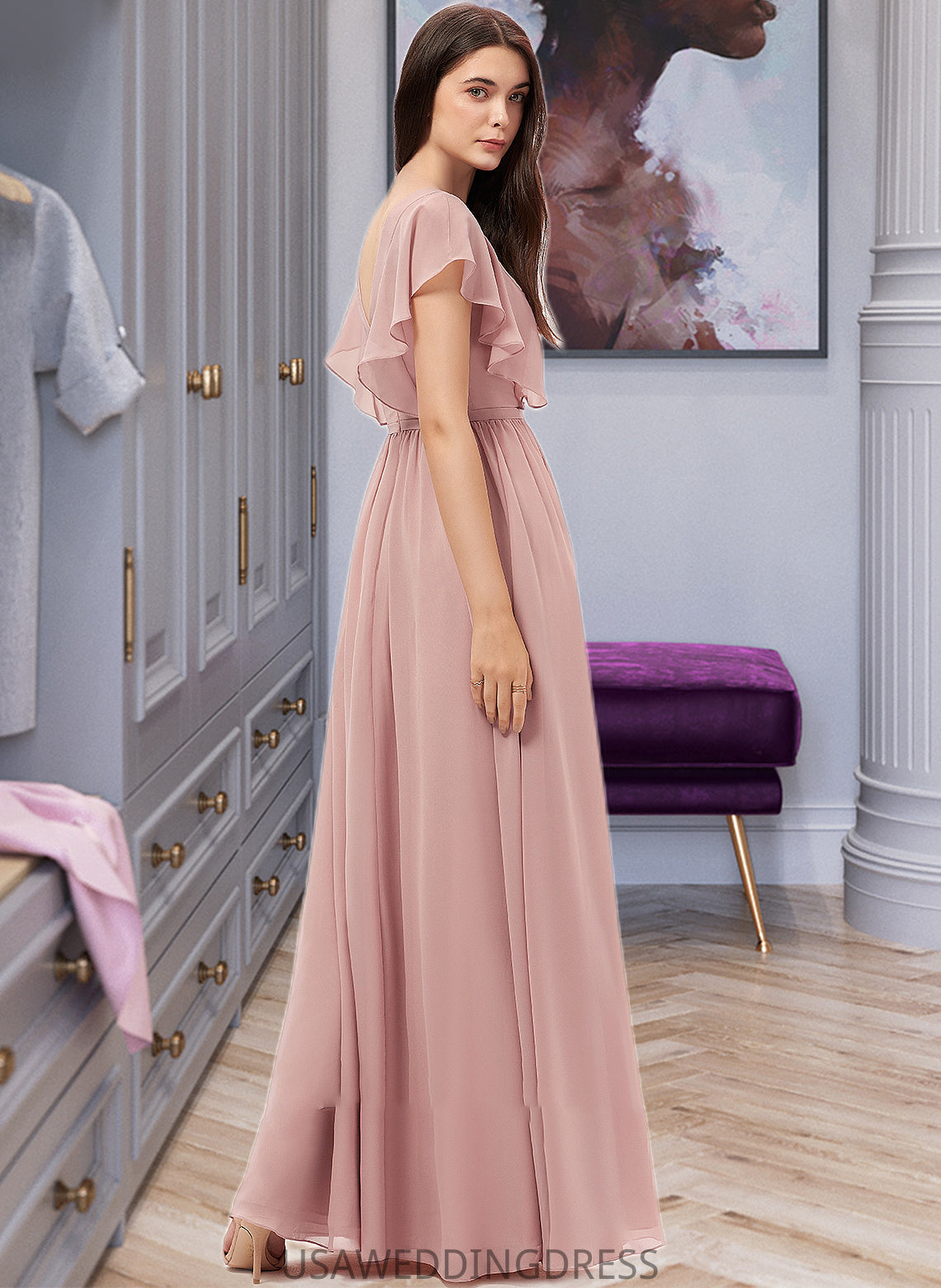 Alicia A-Line V-neck Floor-Length Chiffon Bridesmaid Dress With Split Front DSP0012903