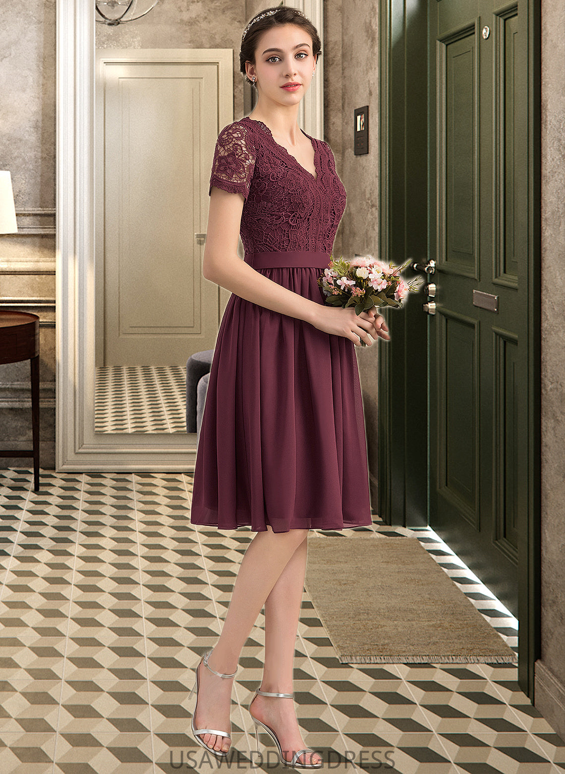 Lailah A-line V-Neck Knee-Length Chiffon Lace Bridesmaid Dress DSP0012904