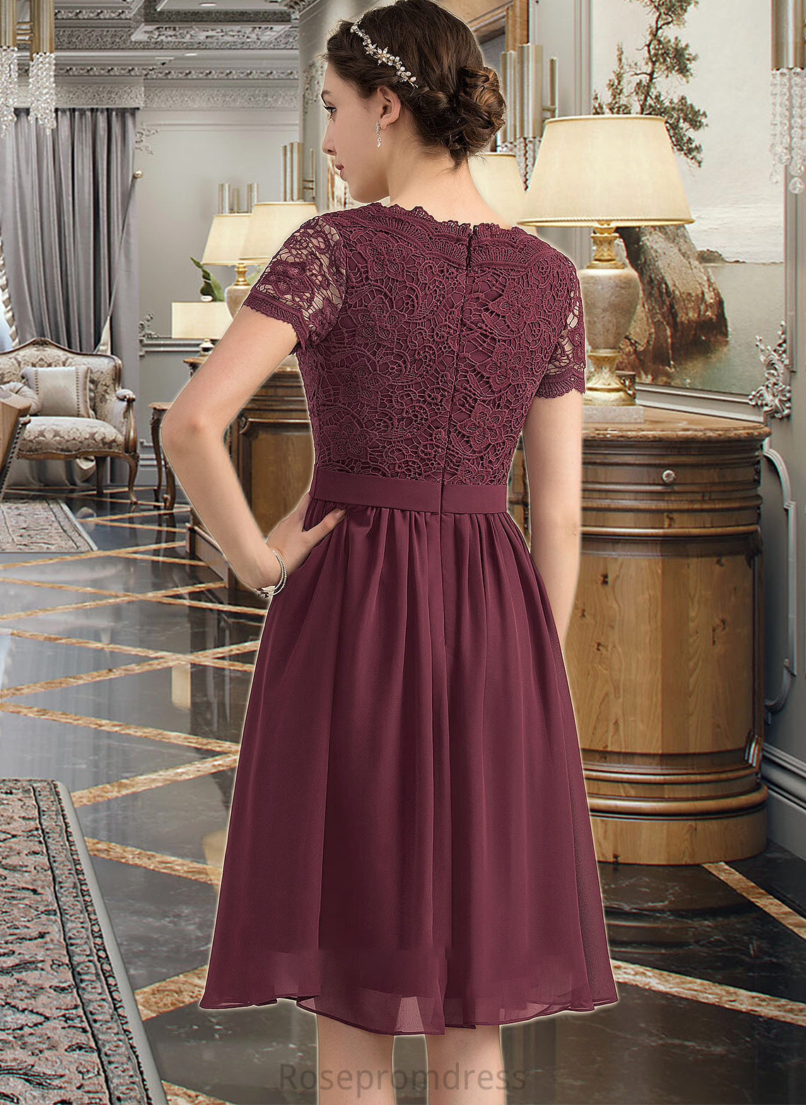Prudence A-line V-Neck Knee-Length Chiffon Lace Bridesmaid Dress SRSP0012904