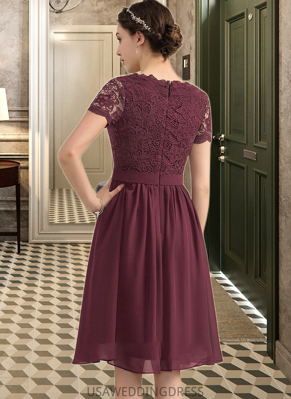 Lailah A-line V-Neck Knee-Length Chiffon Lace Bridesmaid Dress DSP0012904