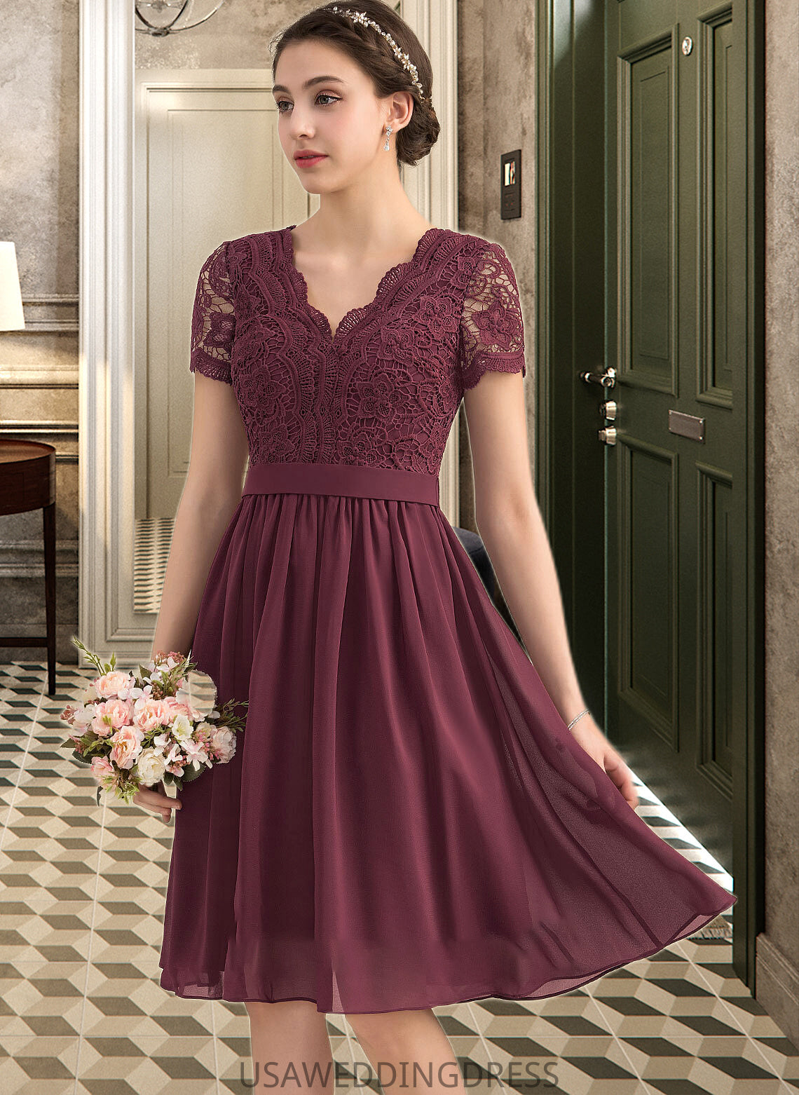 Lailah A-line V-Neck Knee-Length Chiffon Lace Bridesmaid Dress DSP0012904