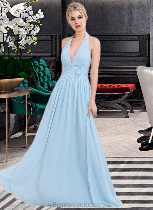 Cynthia A-line Halter Floor-Length Chiffon Bridesmaid Dress With Ruffle SRSP0012905