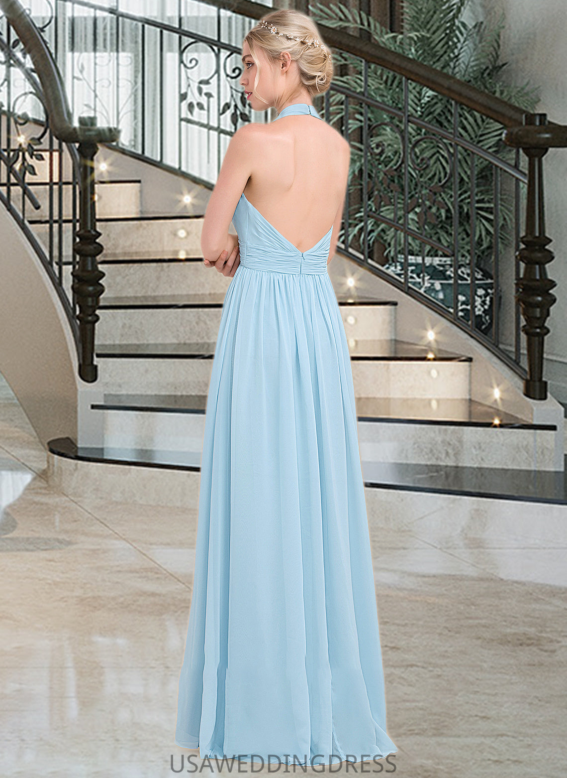 Heidi A-line Halter Floor-Length Chiffon Bridesmaid Dress With Ruffle DSP0012905