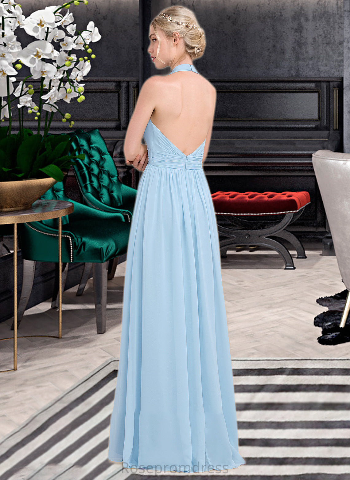 Cynthia A-line Halter Floor-Length Chiffon Bridesmaid Dress With Ruffle SRSP0012905