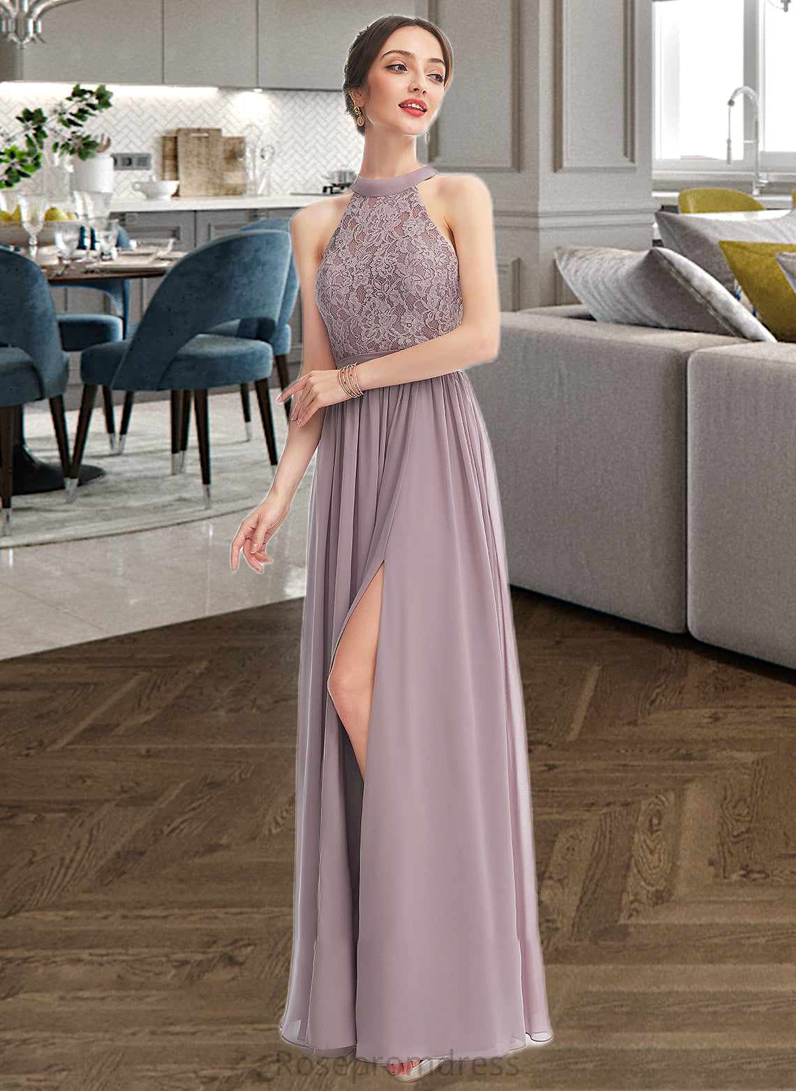 Maddison A-Line Halter Floor-Length Bridesmaid Dress With Split Front SRSP0012907
