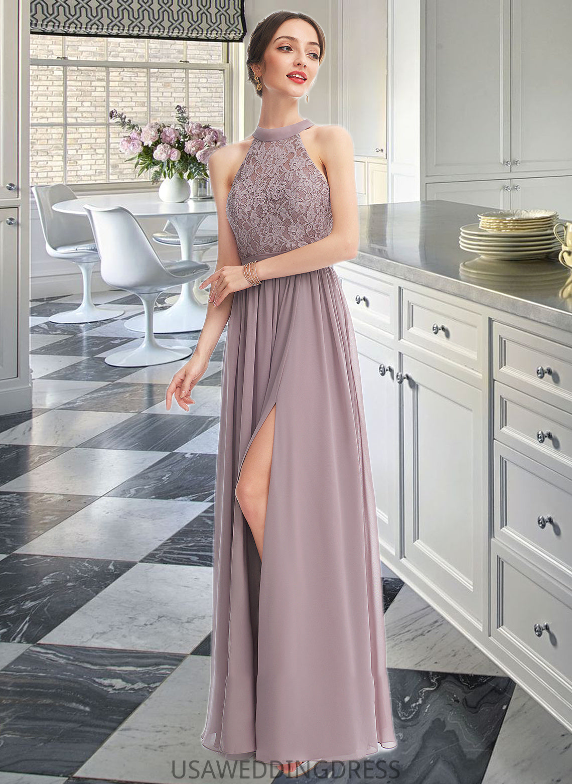 Presley A-Line Halter Floor-Length Bridesmaid Dress With Split Front DSP0012907