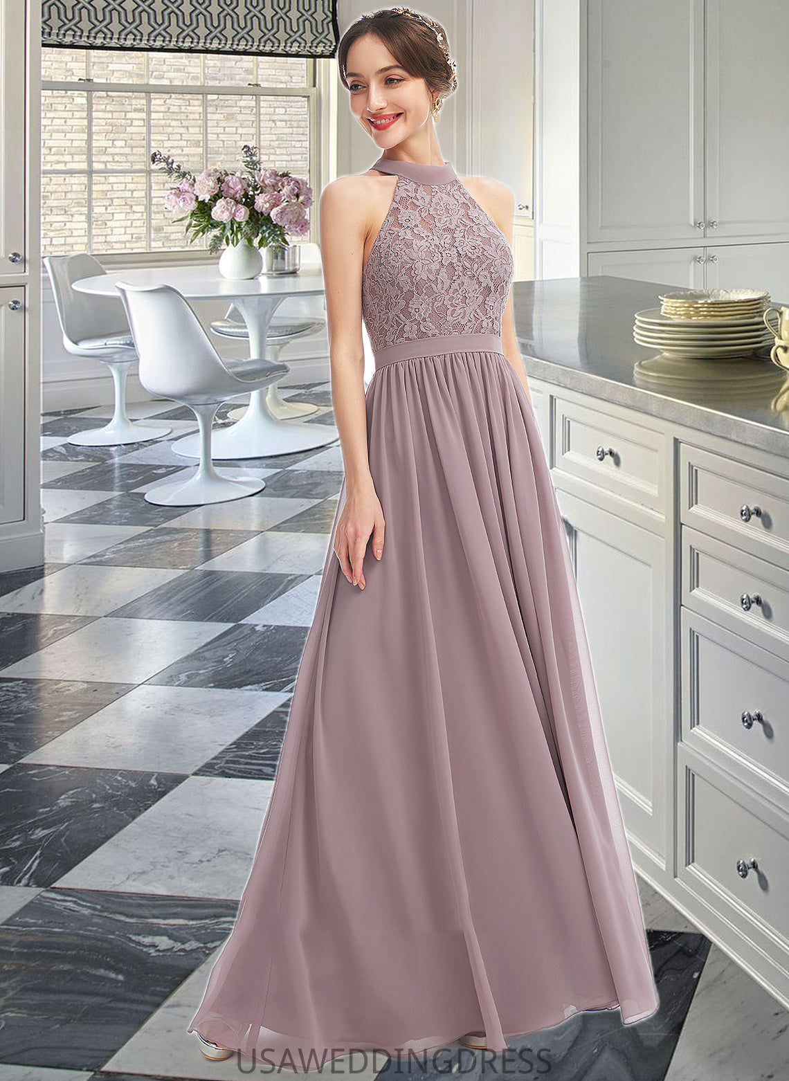 Presley A-Line Halter Floor-Length Bridesmaid Dress With Split Front DSP0012907