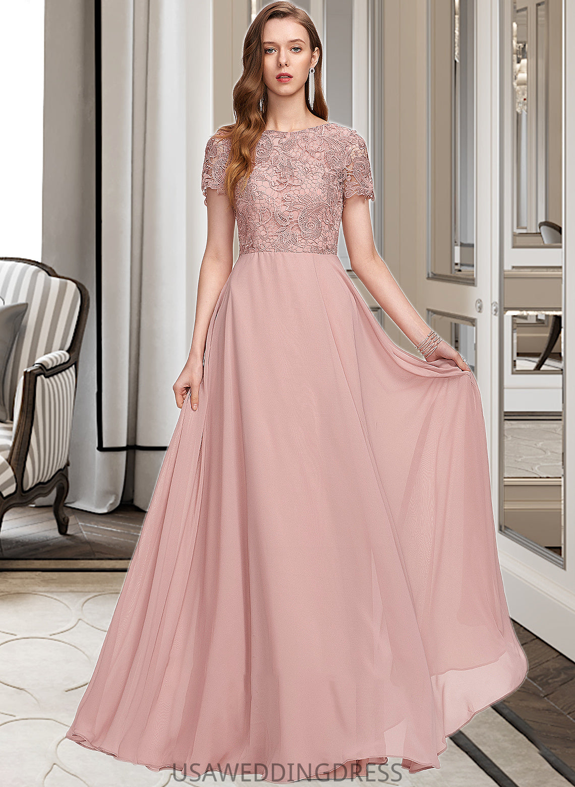 Tess A-Line Scoop Neck Floor-Length Chiffon Bridesmaid Dress With Sequins DSP0012908
