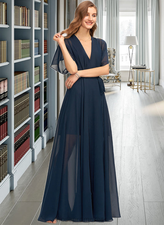 Skyla A-Line V-neck Floor-Length Chiffon Bridesmaid Dress With Split Front SRSP0012909