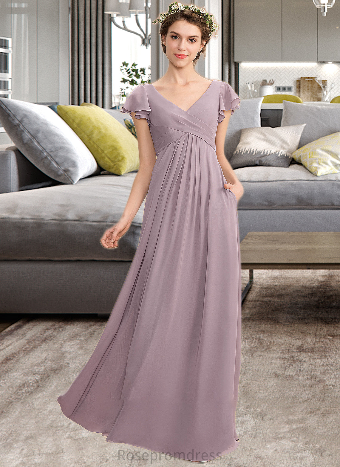 Leilani A-Line V-neck Floor-Length Chiffon Bridesmaid Dress With Cascading Ruffles Pockets SRSP0012910