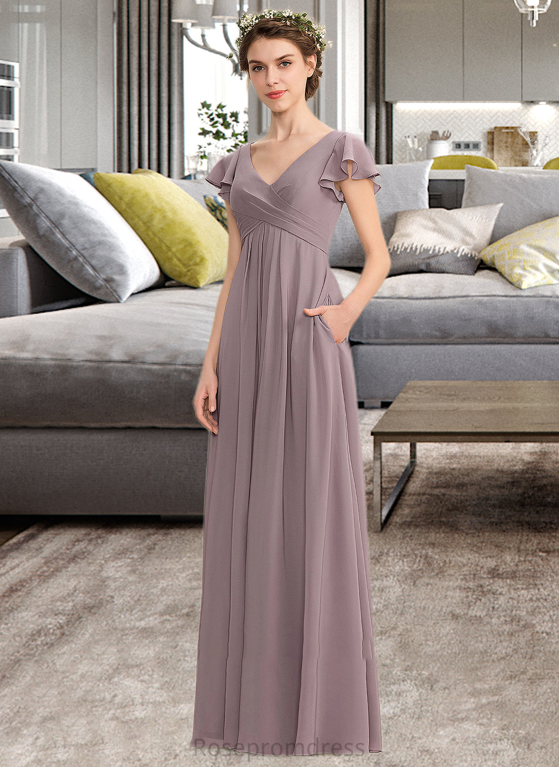 Leilani A-Line V-neck Floor-Length Chiffon Bridesmaid Dress With Cascading Ruffles Pockets SRSP0012910