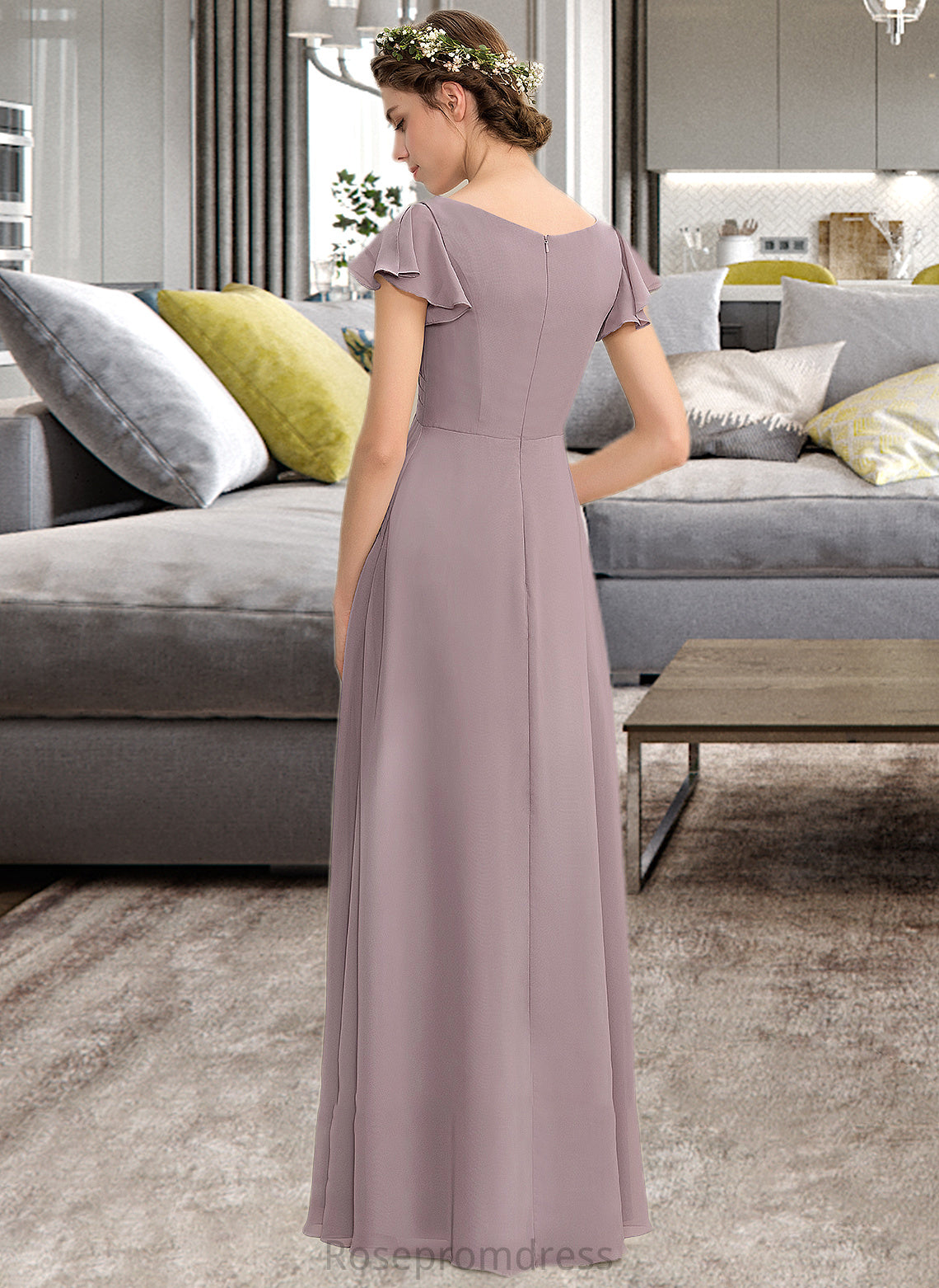 Leilani A-Line V-neck Floor-Length Chiffon Bridesmaid Dress With Cascading Ruffles Pockets SRSP0012910