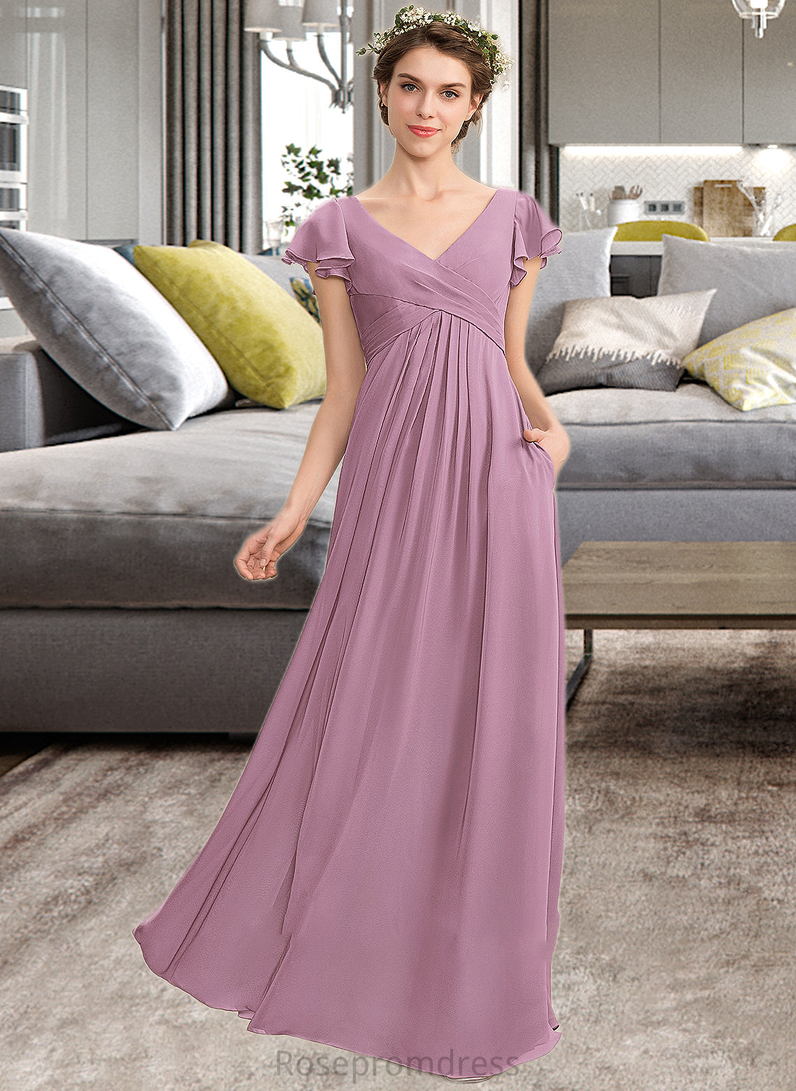 Leilani A-Line V-neck Floor-Length Chiffon Bridesmaid Dress With Cascading Ruffles Pockets SRSP0012910