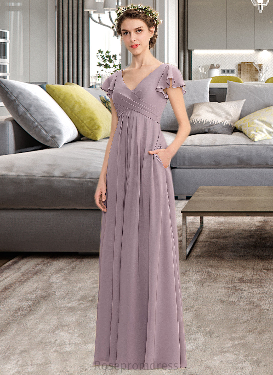 Leilani A-Line V-neck Floor-Length Chiffon Bridesmaid Dress With Cascading Ruffles Pockets SRSP0012910