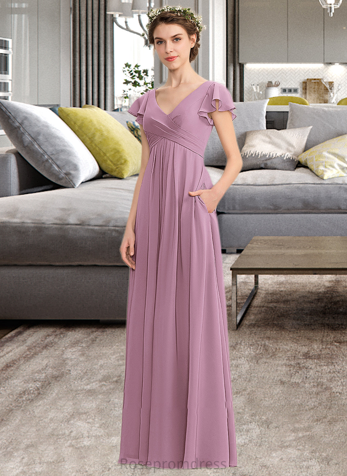 Leilani A-Line V-neck Floor-Length Chiffon Bridesmaid Dress With Cascading Ruffles Pockets SRSP0012910