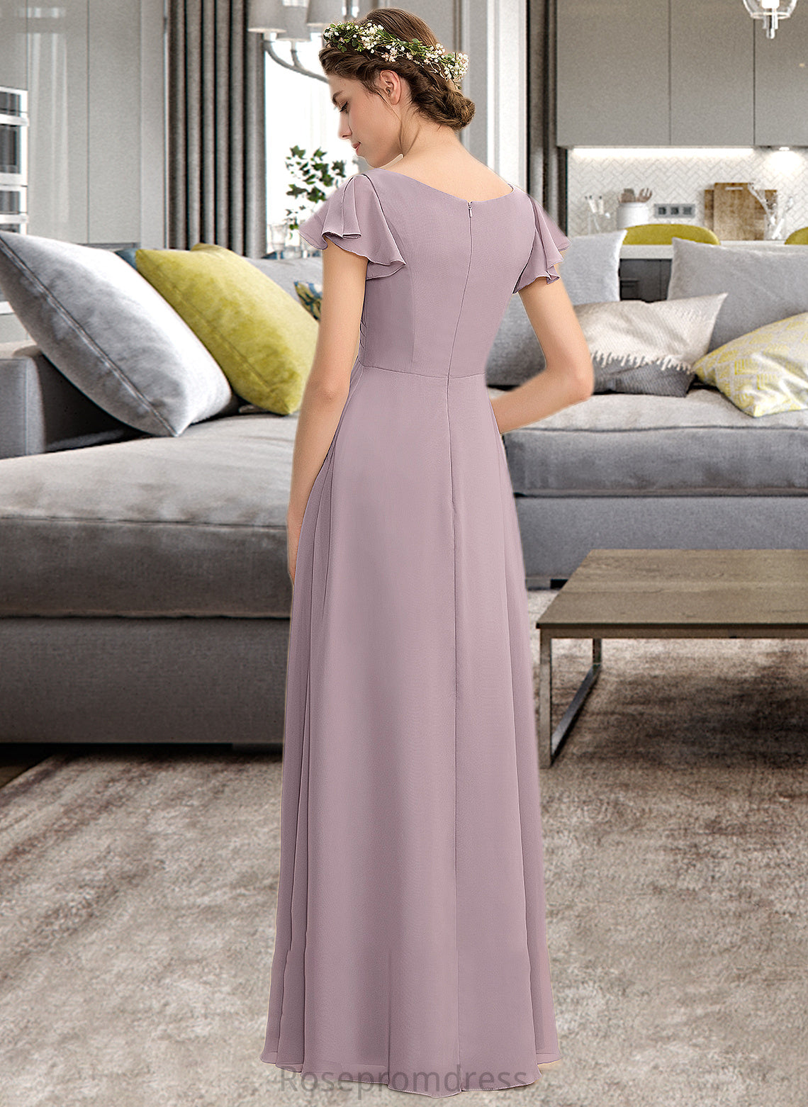 Leilani A-Line V-neck Floor-Length Chiffon Bridesmaid Dress With Cascading Ruffles Pockets SRSP0012910