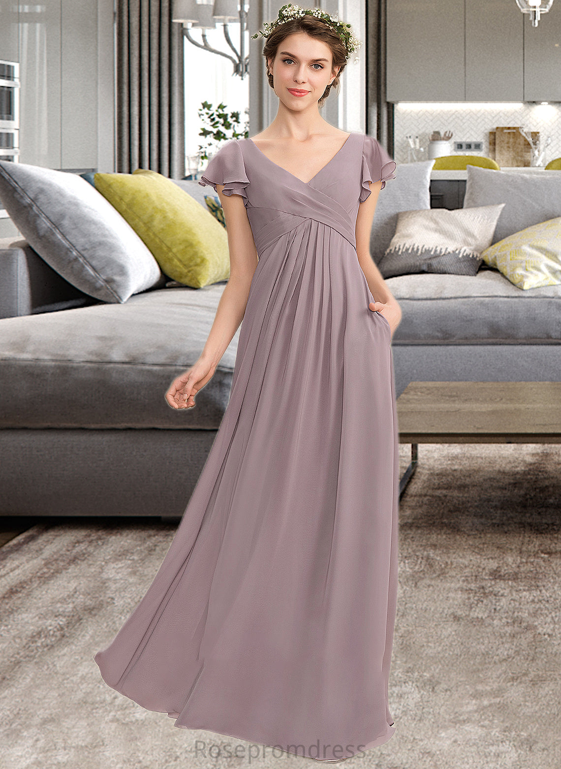 Leilani A-Line V-neck Floor-Length Chiffon Bridesmaid Dress With Cascading Ruffles Pockets SRSP0012910