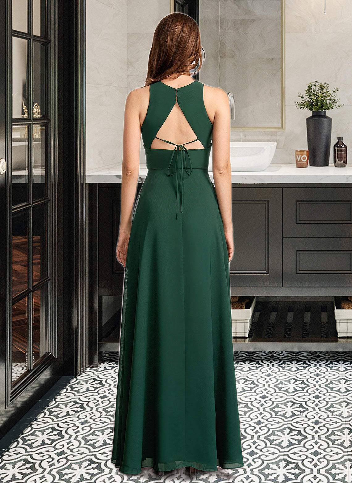 Kathy A-Line High Neck Floor-Length Bridesmaid Dress With Split Front SRSP0012913