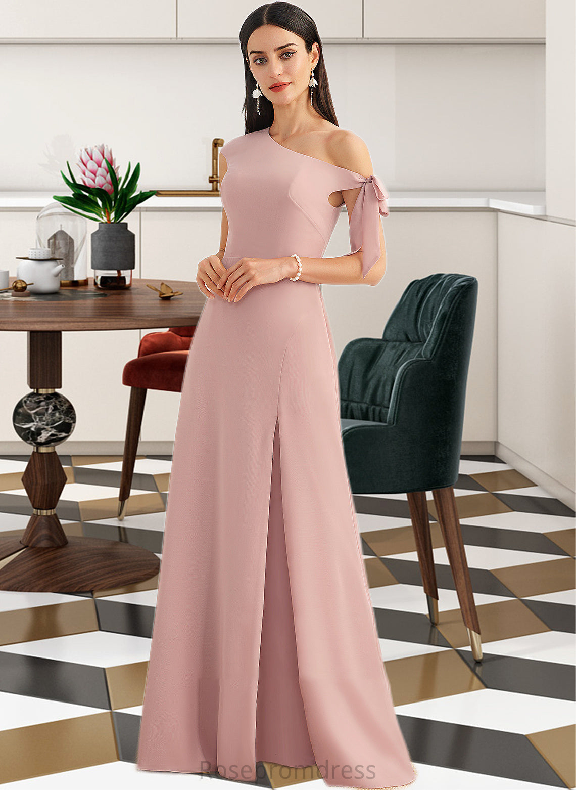 Kristin A-Line One-Shoulder Floor-Length Bridesmaid Dress With Bow(s) SRSP0012914