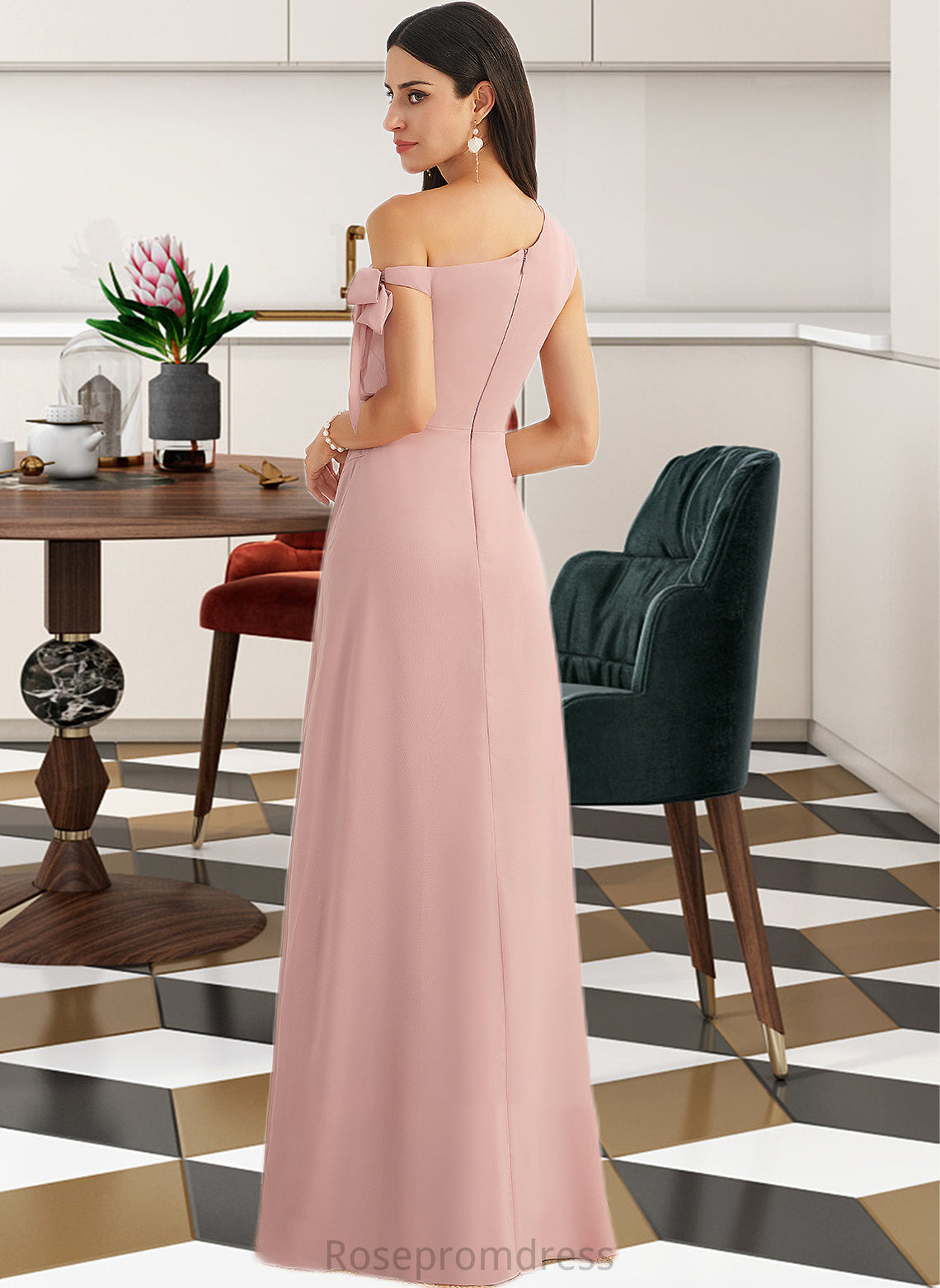 Kristin A-Line One-Shoulder Floor-Length Bridesmaid Dress With Bow(s) SRSP0012914