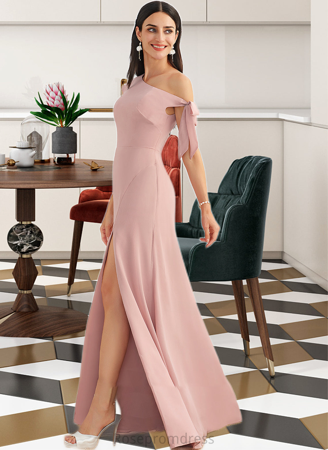 Kristin A-Line One-Shoulder Floor-Length Bridesmaid Dress With Bow(s) SRSP0012914