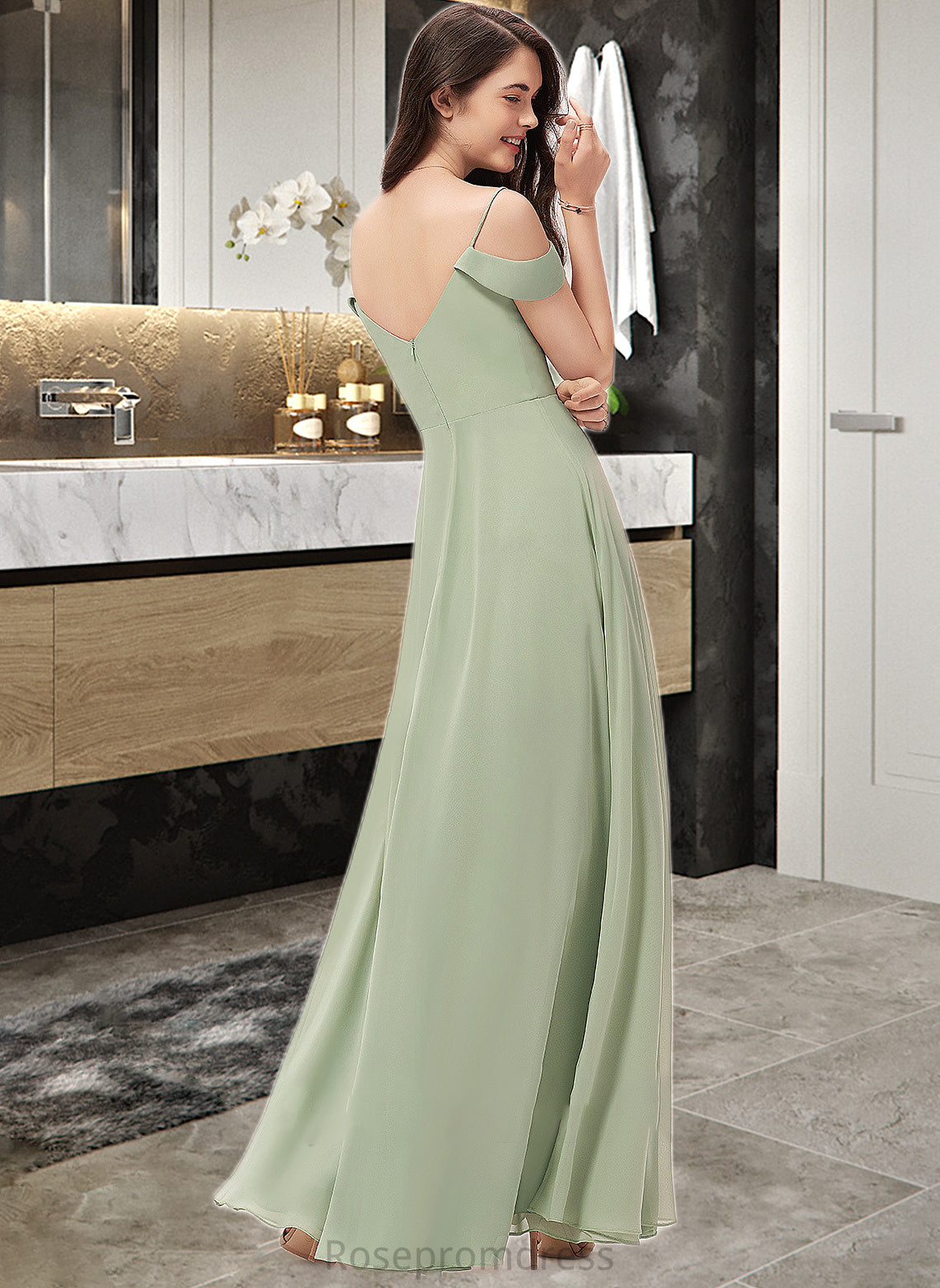 Carolyn A-Line V-neck Floor-Length Chiffon Bridesmaid Dress With Split Front SRSP0012915