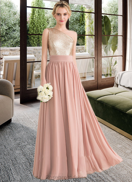 Sophia A-line One Shoulder Floor-Length Chiffon Sequined Bridesmaid Dress SRSP0012916