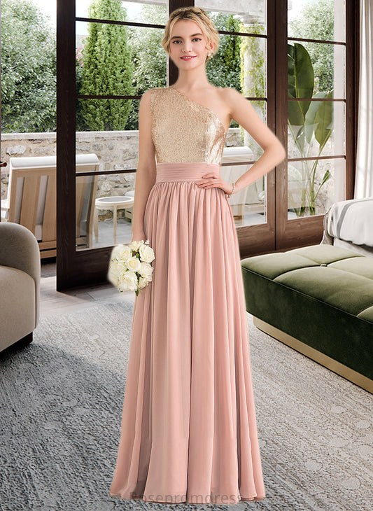 Sophia A-line One Shoulder Floor-Length Chiffon Sequined Bridesmaid Dress SRSP0012916