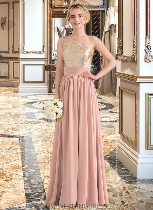 Jaylee A-line One Shoulder Floor-Length Chiffon Sequined Bridesmaid Dress DSP0012916