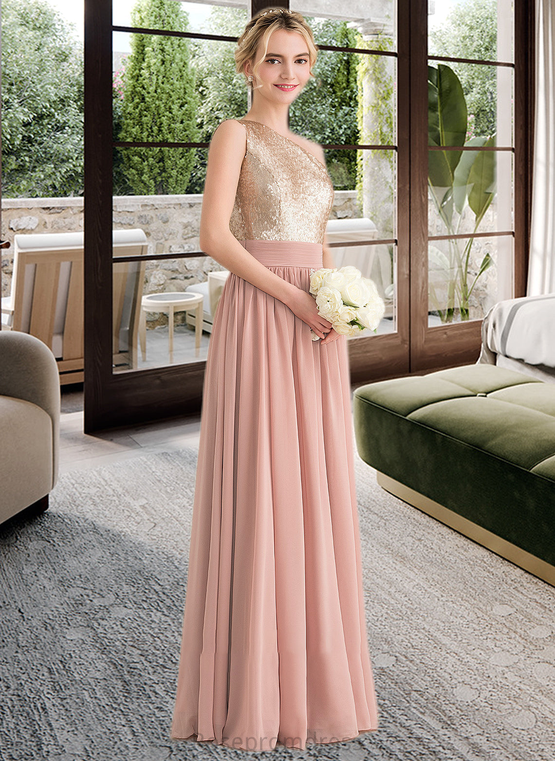 Sophia A-line One Shoulder Floor-Length Chiffon Sequined Bridesmaid Dress SRSP0012916