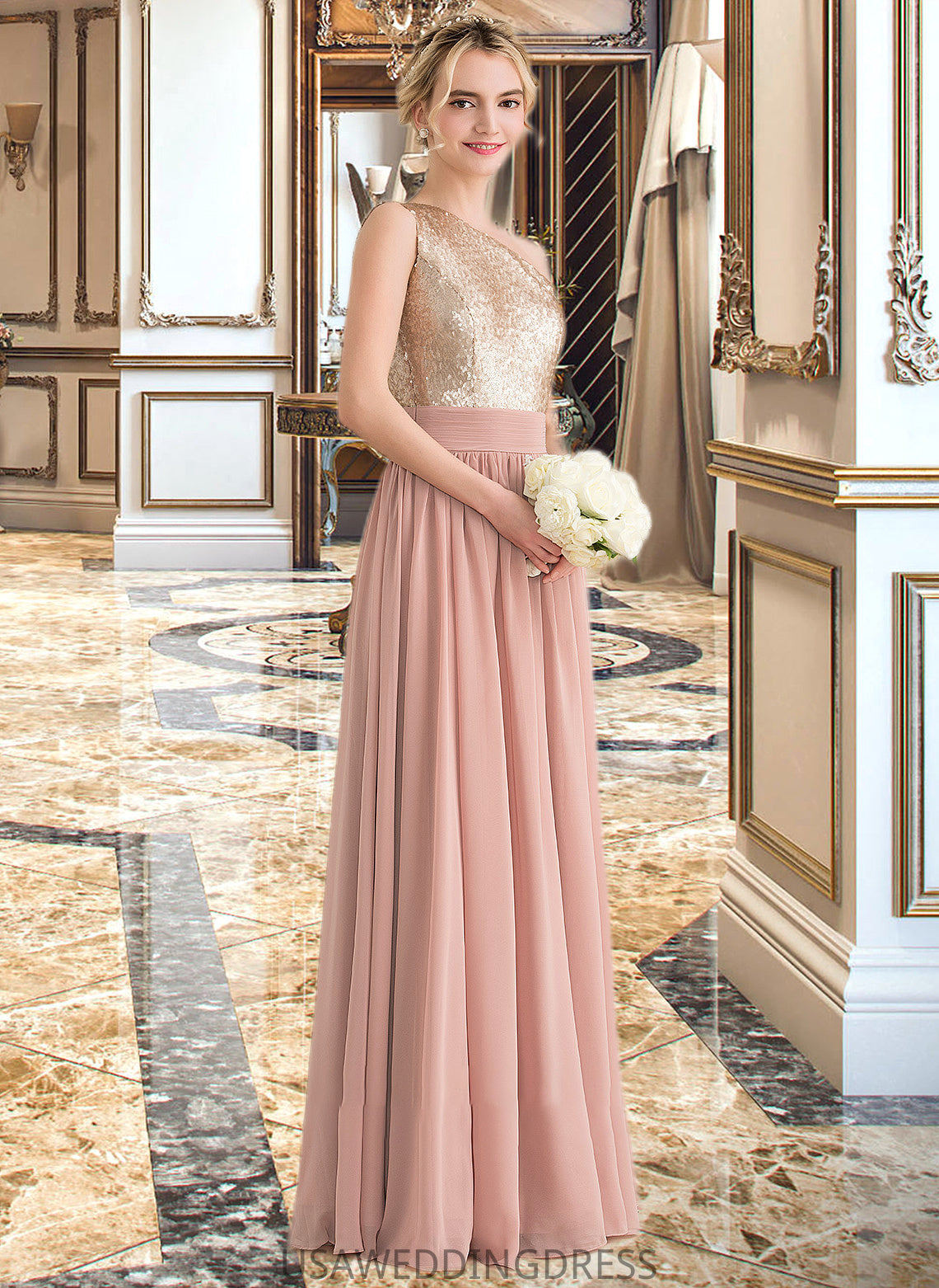 Jaylee A-line One Shoulder Floor-Length Chiffon Sequined Bridesmaid Dress DSP0012916