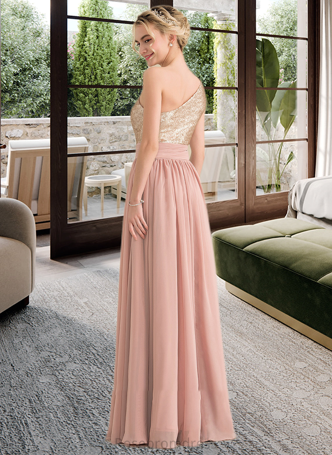 Sophia A-line One Shoulder Floor-Length Chiffon Sequined Bridesmaid Dress SRSP0012916