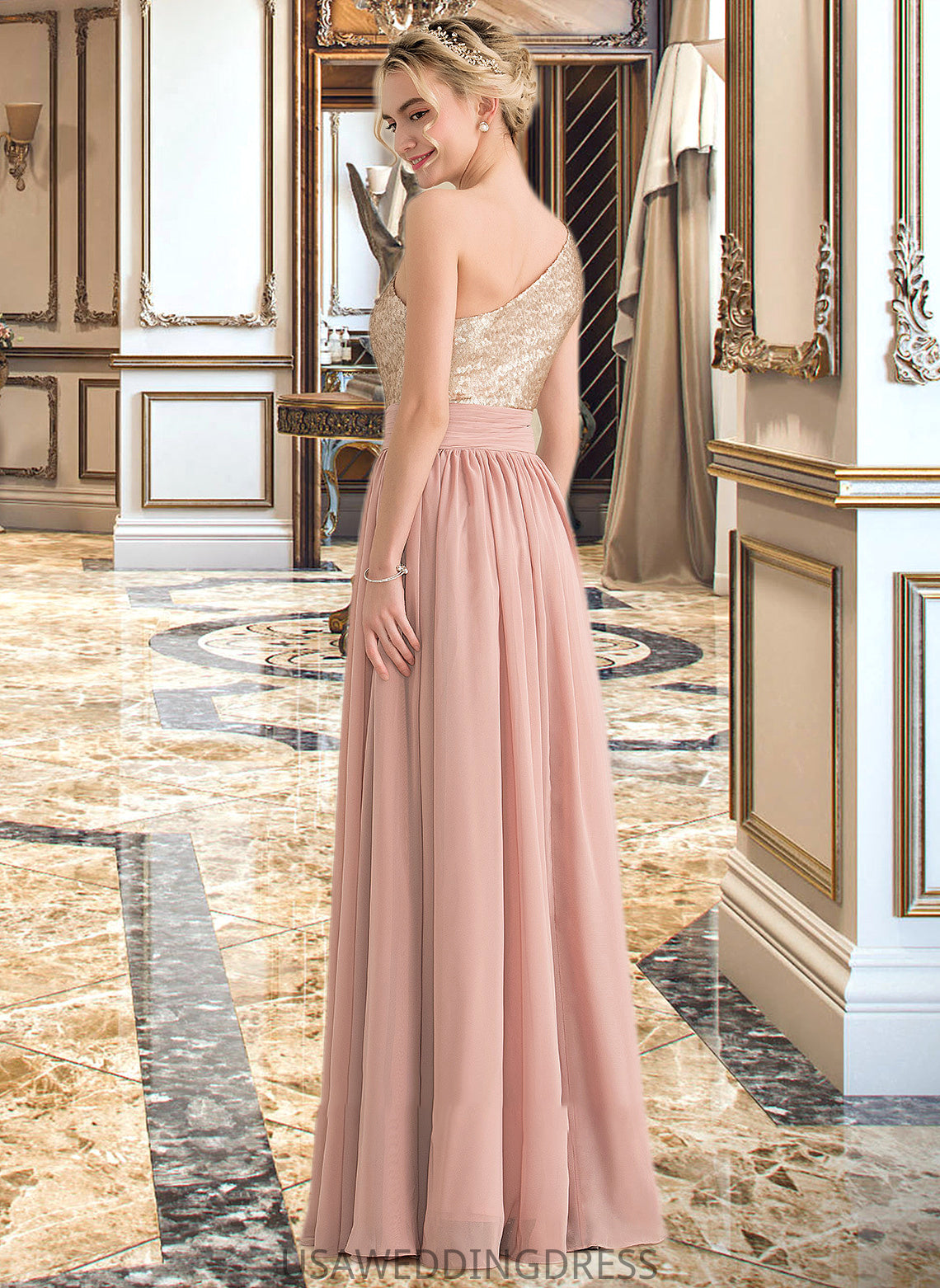 Jaylee A-line One Shoulder Floor-Length Chiffon Sequined Bridesmaid Dress DSP0012916