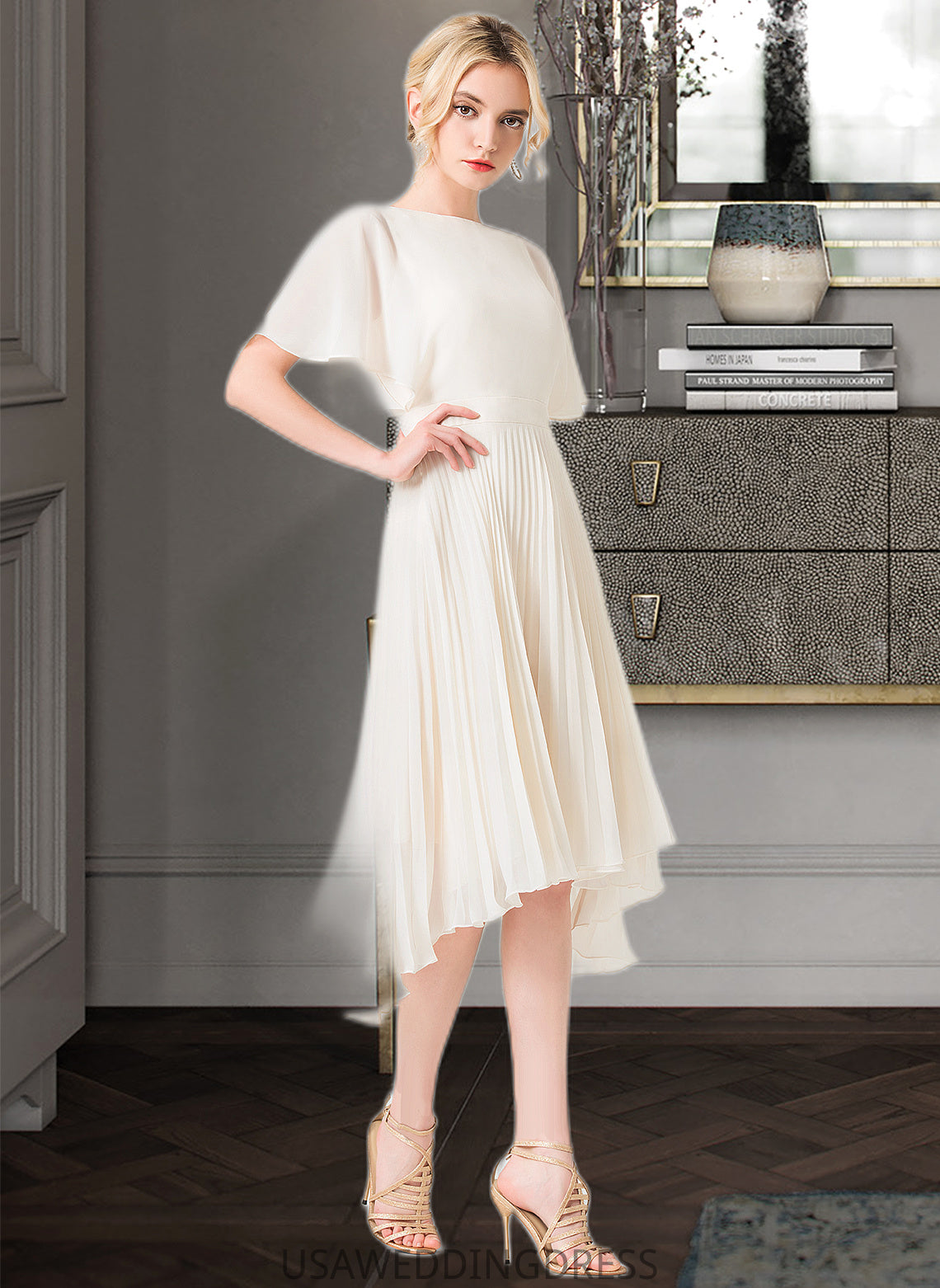 Skylar A-Line Scoop Neck Asymmetrical Chiffon Bridesmaid Dress With Pleated DSP0012917