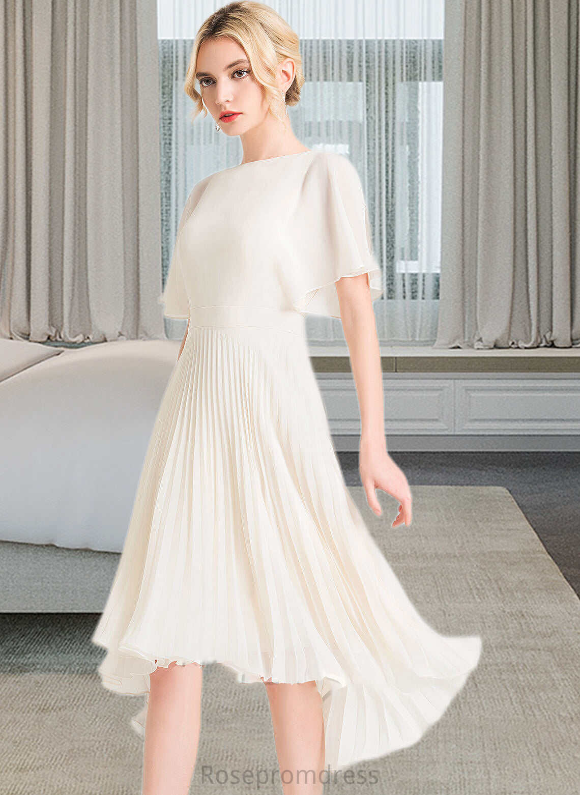 Eloise A-Line Scoop Neck Asymmetrical Chiffon Bridesmaid Dress With Pleated SRSP0012917