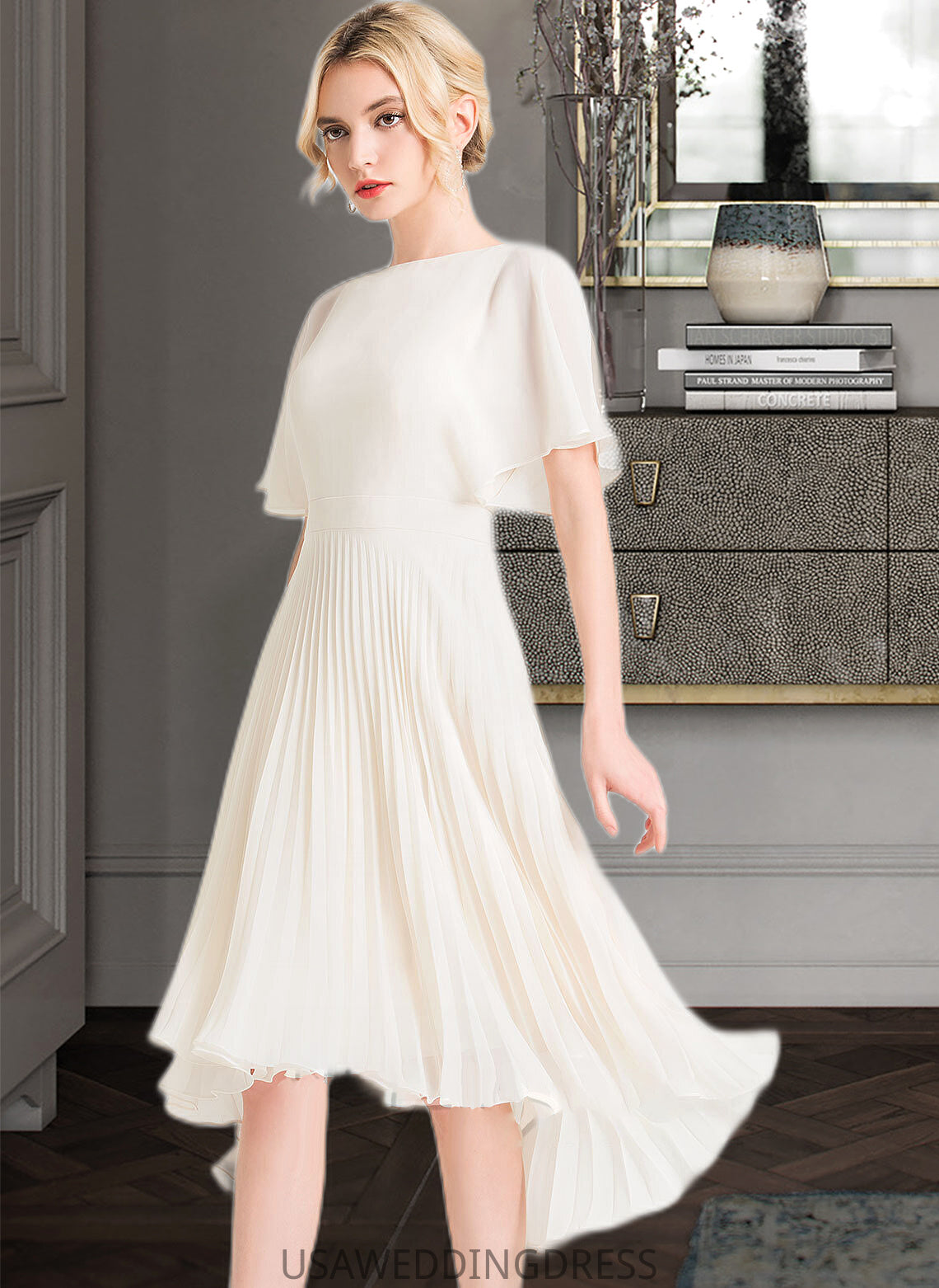 Skylar A-Line Scoop Neck Asymmetrical Chiffon Bridesmaid Dress With Pleated DSP0012917