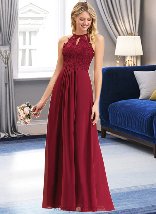 Jordin A-Line Scoop Neck Floor-Length Chiffon Lace Bridesmaid Dress SRSP0012918