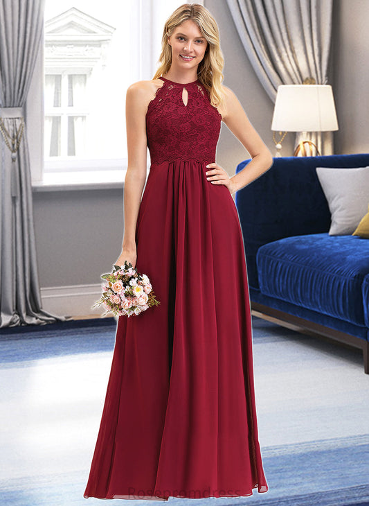 Jordin A-Line Scoop Neck Floor-Length Chiffon Lace Bridesmaid Dress SRSP0012918