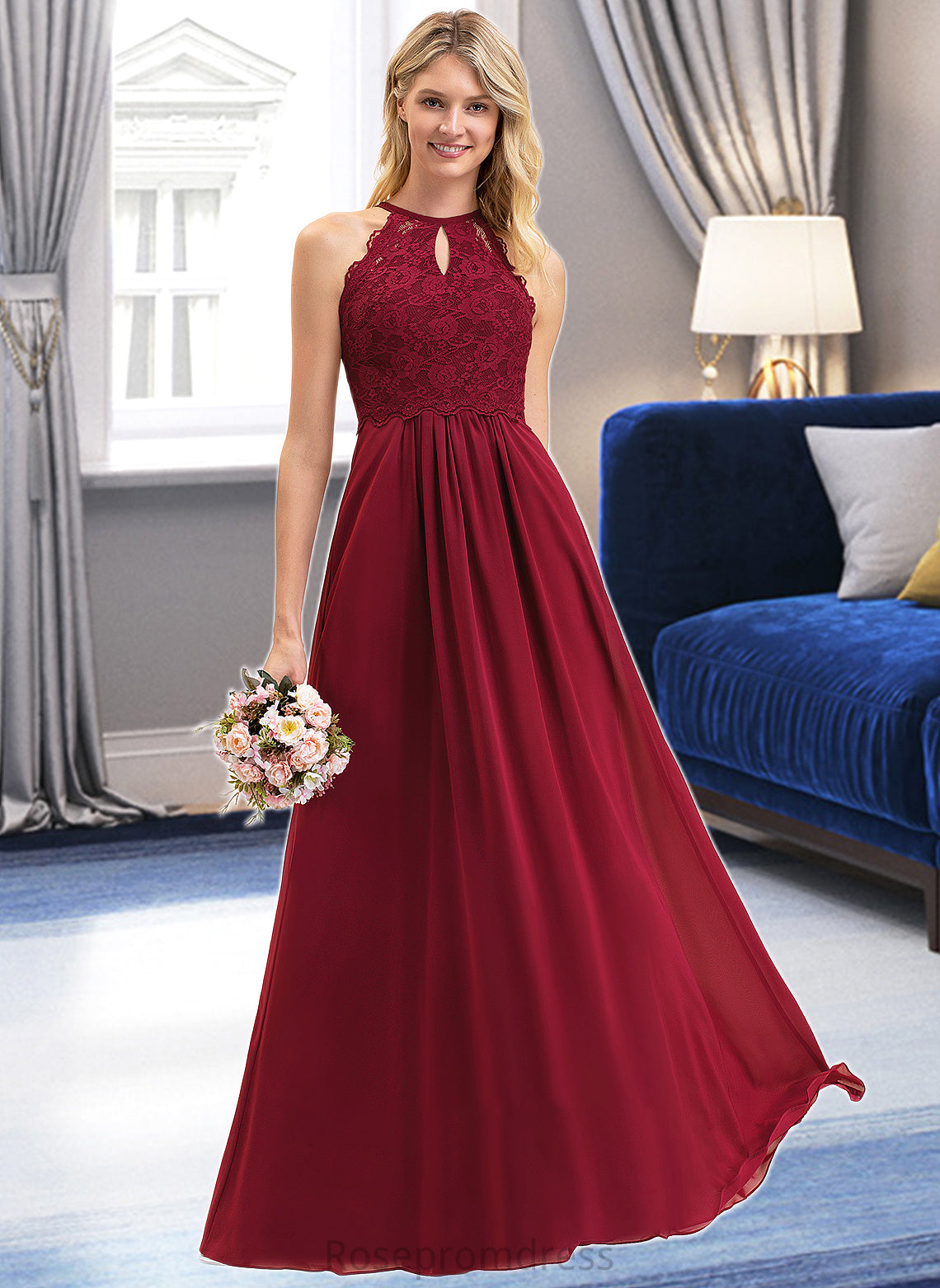 Jordin A-Line Scoop Neck Floor-Length Chiffon Lace Bridesmaid Dress SRSP0012918