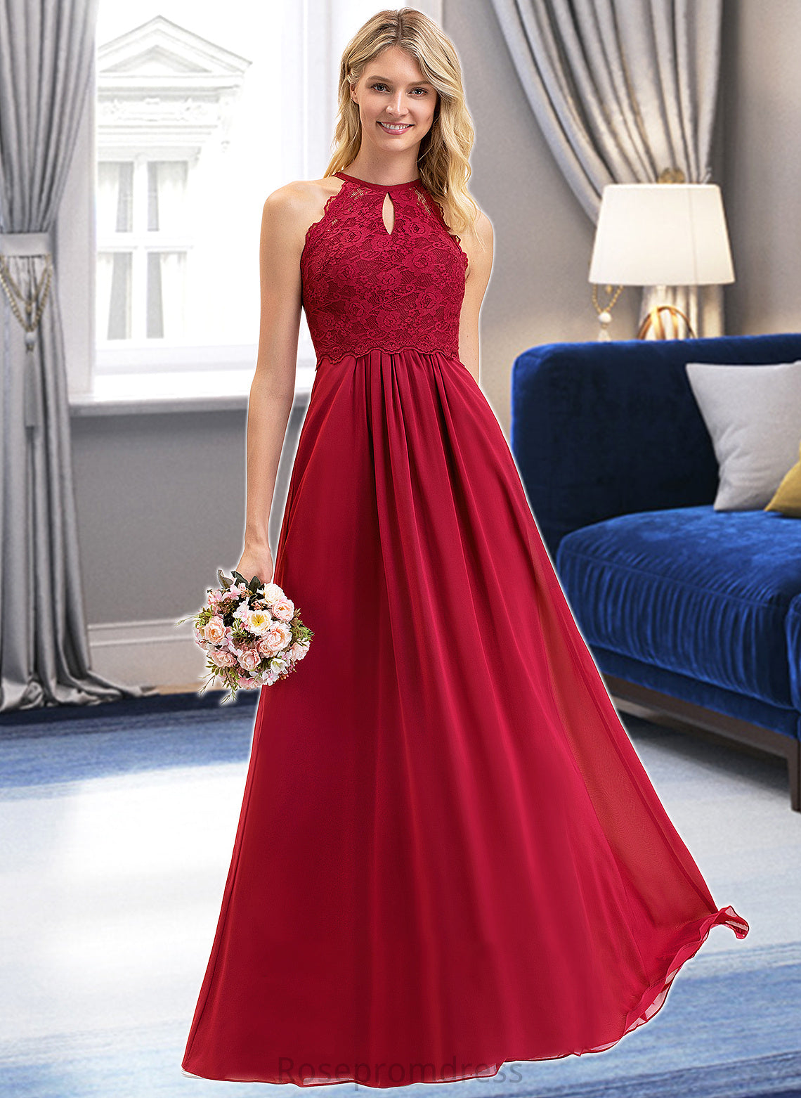 Jordin A-Line Scoop Neck Floor-Length Chiffon Lace Bridesmaid Dress SRSP0012918
