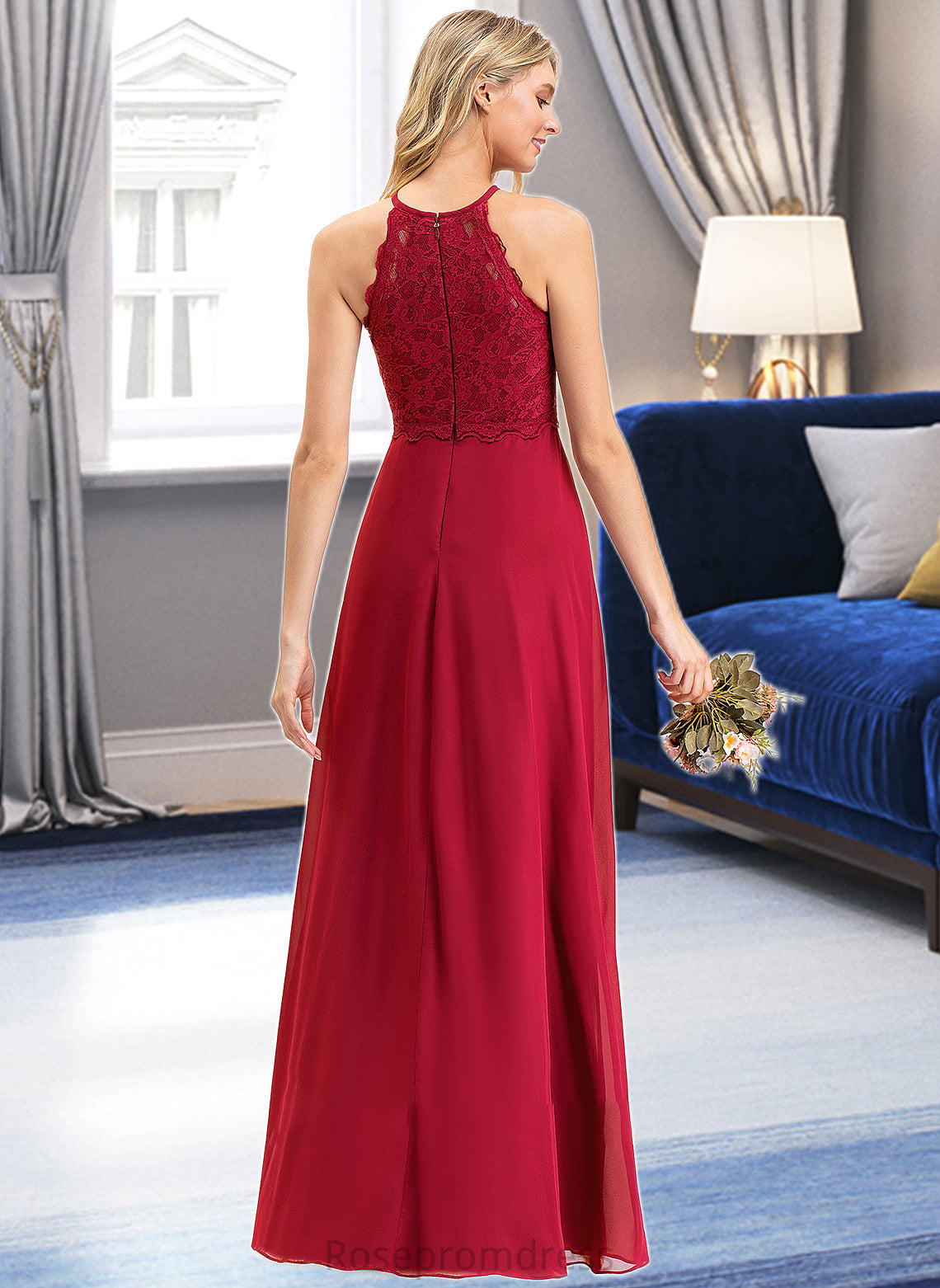 Jordin A-Line Scoop Neck Floor-Length Chiffon Lace Bridesmaid Dress SRSP0012918
