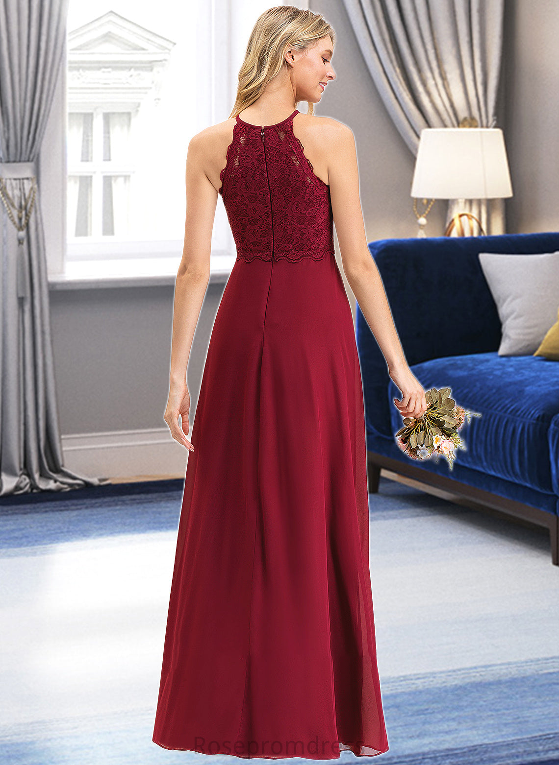Jordin A-Line Scoop Neck Floor-Length Chiffon Lace Bridesmaid Dress SRSP0012918