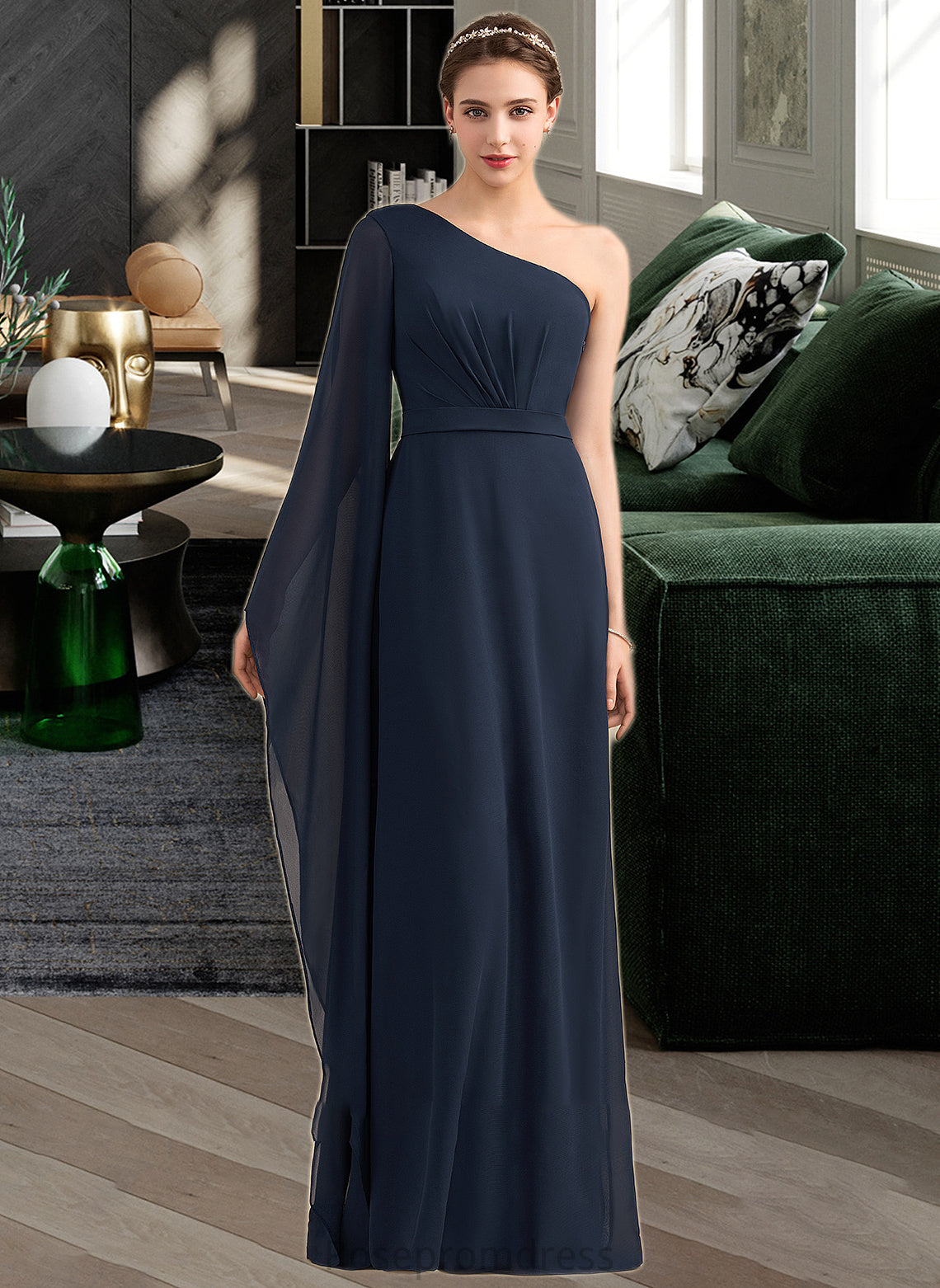 Angel A-line One Shoulder Floor-Length Chiffon Bridesmaid Dress With Ruffle SRSP0012920