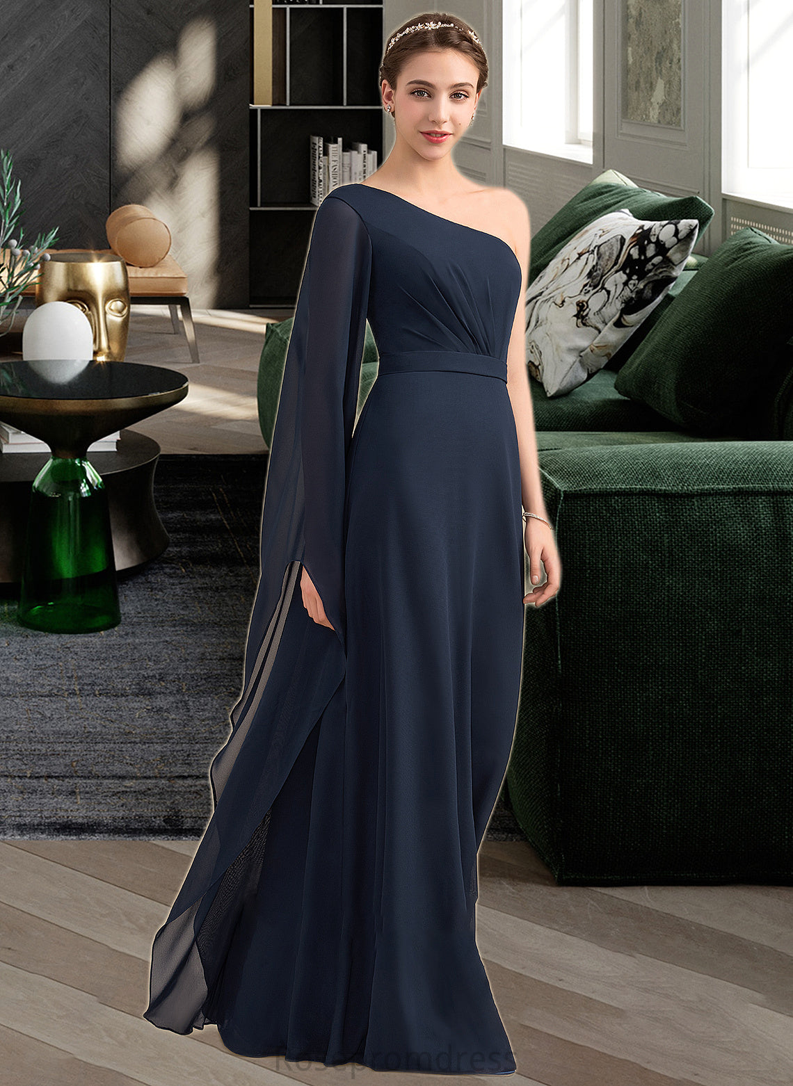 Angel A-line One Shoulder Floor-Length Chiffon Bridesmaid Dress With Ruffle SRSP0012920