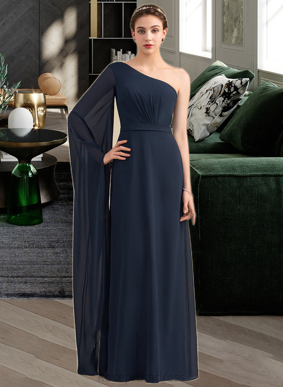 Angel A-line One Shoulder Floor-Length Chiffon Bridesmaid Dress With Ruffle SRSP0012920