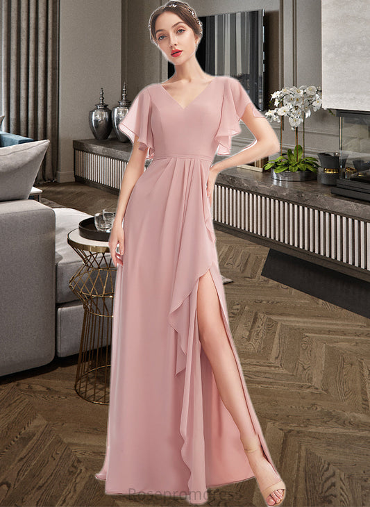 Nicola A-Line V-neck Floor-Length Bridesmaid Dress With Ruffle Split Front SRSP0012923
