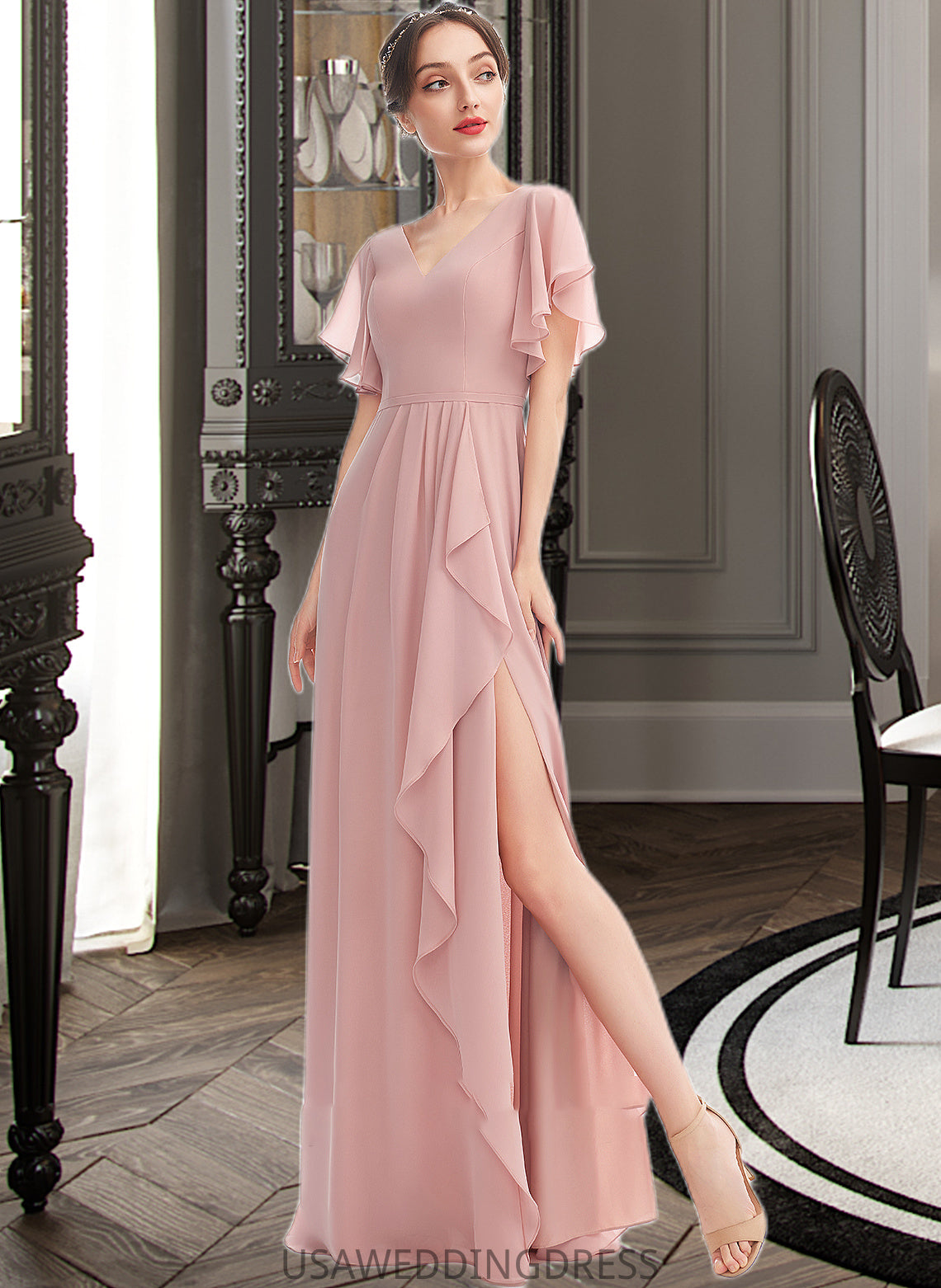 Judith A-Line V-neck Floor-Length Bridesmaid Dress With Ruffle Split Front DSP0012923