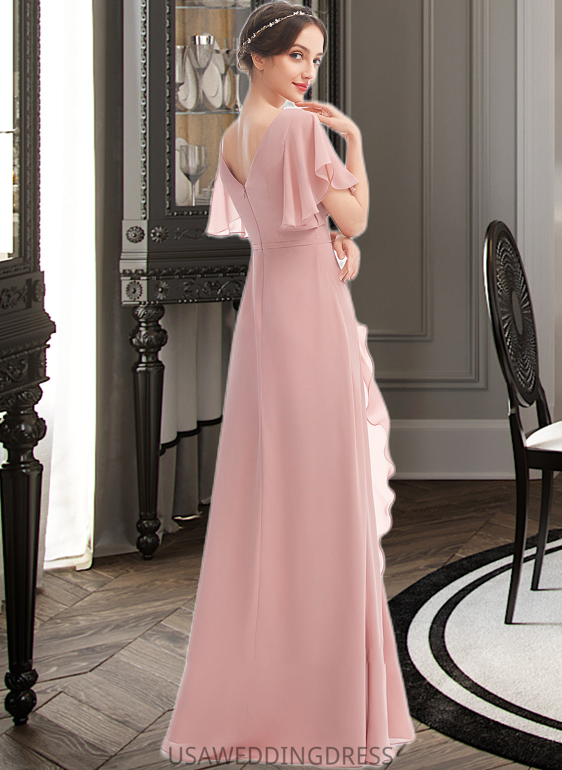 Judith A-Line V-neck Floor-Length Bridesmaid Dress With Ruffle Split Front DSP0012923
