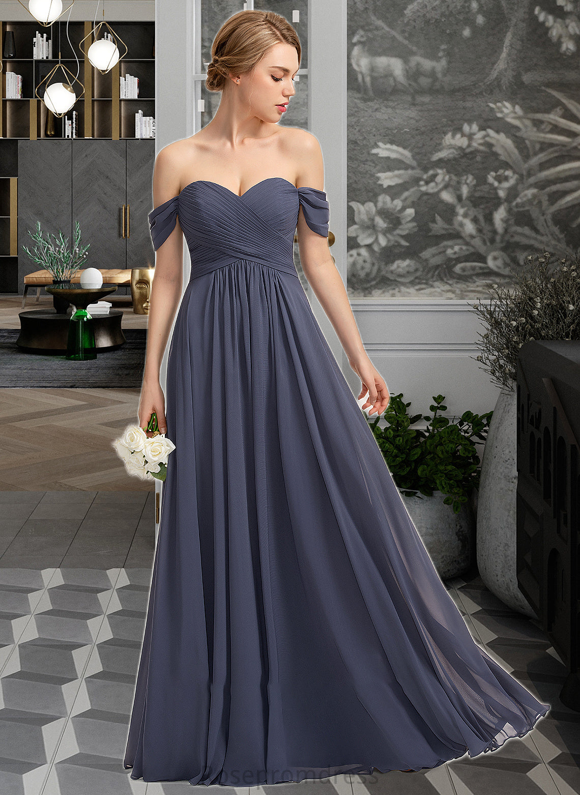 Karsyn A-line Off the Shoulder Floor-Length Chiffon Bridesmaid Dress With Ruffle SRSP0012924